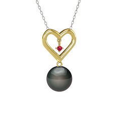 İncili Kalp Kolye - Siyah inci ve rodolit garnet 18 ayar altın kolye (40 cm beyaz altın rolo zincir) #oz1m45