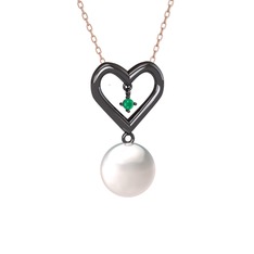 İncili Kalp Kolye - Inci ve kök zümrüt 925 ayar siyah rodyum kaplama gümüş kolye (40 cm rose altın rolo zincir) #p7czrd