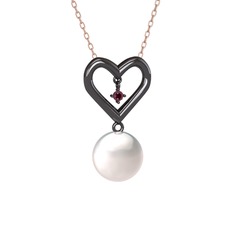 İncili Kalp Kolye - Inci ve kök yakut 925 ayar siyah rodyum kaplama gümüş kolye (40 cm rose altın rolo zincir) #pcul1w