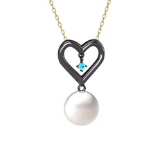 İncili Kalp Kolye - Inci ve akuamarin 925 ayar siyah rodyum kaplama gümüş kolye (40 cm gümüş rolo zincir) #ptla29