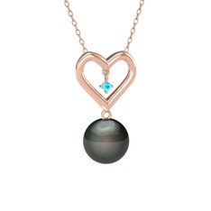 İncili Kalp Kolye - Siyah inci ve akuamarin 14 ayar rose altın kolye (40 cm rose altın rolo zincir) #q4t4gh