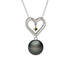 İncili Kalp Kolye - Siyah inci ve peridot 18 ayar beyaz altın kolye (40 cm beyaz altın rolo zincir) #qxftsp