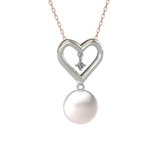İncili Kalp Kolye - Inci ve elmas 8 ayar beyaz altın kolye (0.036 karat, 40 cm rose altın rolo zincir) #rwog7h