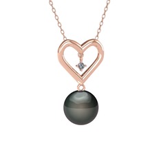 İncili Kalp Kolye - Siyah inci ve elmas 8 ayar rose altın kolye (0.036 karat, 40 cm rose altın rolo zincir) #t6o1cd