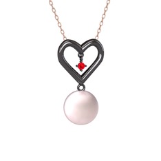 İncili Kalp Kolye - Pembe inci ve garnet 925 ayar siyah rodyum kaplama gümüş kolye (40 cm gümüş rolo zincir) #twuqnj