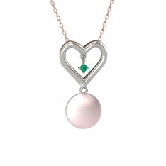 İncili Kalp Kolye - Pembe inci ve kök zümrüt 925 ayar gümüş kolye (40 cm rose altın rolo zincir) #uvsv3o