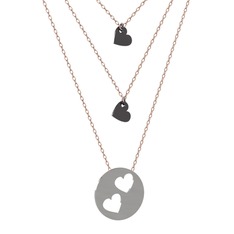 Üçlü Kalp Kolye - 925 ayar siyah rodyum kaplama gümüş kolye (45 cm rose altın rolo zincir) #mhbs24