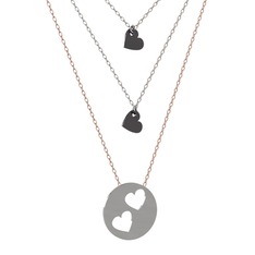 Üçlü Kalp Kolye - 925 ayar siyah rodyum kaplama gümüş kolye (45 cm beyaz altın rolo zincir) #zeril7