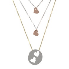 Üçlü Kalp Kolye - 18 ayar rose altın kolye (45 cm beyaz altın rolo zincir) #zhedyp