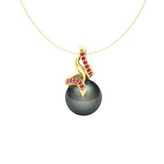 Kraliyet İnci Kolye - Siyah inci ve rodolit garnet 8 ayar altın kolye (40 cm altın rolo zincir) #10t6nhb
