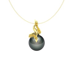 Kraliyet İnci Kolye - Siyah inci ve sitrin 8 ayar altın kolye (40 cm altın rolo zincir) #11b20l4