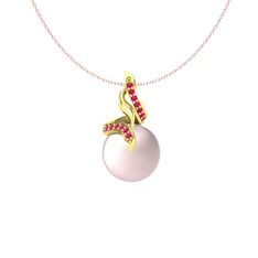 Kraliyet İnci Kolye - Pembe inci ve rodolit garnet 8 ayar altın kolye (40 cm rose altın rolo zincir) #129p3o1