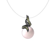 Kraliyet İnci Kolye - Pembe inci ve peridot 925 ayar siyah rodyum kaplama gümüş kolye (40 cm beyaz altın rolo zincir) #12ft31m
