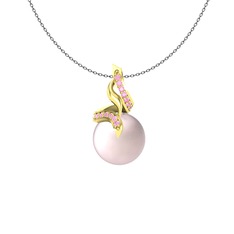 Kraliyet İnci Kolye - Pembe inci ve pembe kuvars 18 ayar altın kolye (40 cm gümüş rolo zincir) #18gfjsd