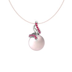 Kraliyet İnci Kolye - Pembe inci ve rodolit garnet 14 ayar beyaz altın kolye (40 cm rose altın rolo zincir) #18ja5rm