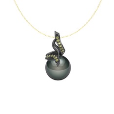 Siyah inci ve peridot 925 ayar siyah rodyum kaplama gümüş kolye (40 cm gümüş rolo zincir)