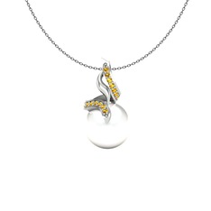 Kraliyet İnci Kolye - Inci ve sitrin 18 ayar beyaz altın kolye (40 cm gümüş rolo zincir) #1f80mle