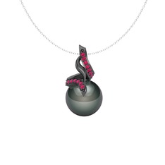 Siyah inci ve rodolit garnet 925 ayar siyah rodyum kaplama gümüş kolye (40 cm beyaz altın rolo zincir)