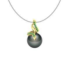 Kraliyet İnci Kolye - Siyah inci ve yeşil kuvars 8 ayar altın kolye (40 cm gümüş rolo zincir) #1gtjpgx