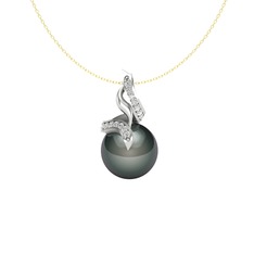 Siyah inci ve swarovski 18 ayar beyaz altın kolye (40 cm gümüş rolo zincir)