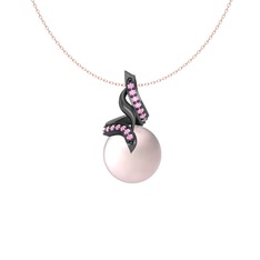 Pembe inci ve pembe kuvars 925 ayar siyah rodyum kaplama gümüş kolye (40 cm rose altın rolo zincir)