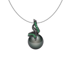 Kraliyet İnci Kolye - Siyah inci ve yeşil kuvars 925 ayar siyah rodyum kaplama gümüş kolye (40 cm gümüş rolo zincir) #1jz8gu9