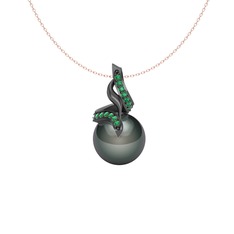 Kraliyet İnci Kolye - Siyah inci ve yeşil kuvars 925 ayar siyah rodyum kaplama gümüş kolye (40 cm rose altın rolo zincir) #1lcg2u0