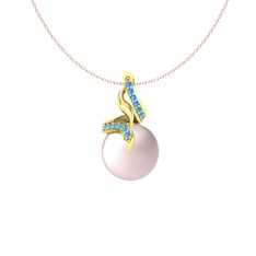 Kraliyet İnci Kolye - Pembe inci ve akuamarin 8 ayar altın kolye (40 cm rose altın rolo zincir) #1q0xm1r