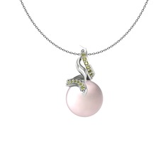 Kraliyet İnci Kolye - Pembe inci ve peridot 8 ayar beyaz altın kolye (40 cm gümüş rolo zincir) #1xktef9
