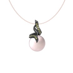 Kraliyet İnci Kolye - Pembe inci ve peridot 925 ayar siyah rodyum kaplama gümüş kolye (40 cm rose altın rolo zincir) #4vnow3