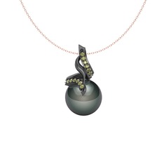 Kraliyet İnci Kolye - Siyah inci ve peridot 925 ayar siyah rodyum kaplama gümüş kolye (40 cm rose altın rolo zincir) #6i6cvp