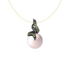 Kraliyet İnci Kolye - Pembe inci ve peridot 925 ayar siyah rodyum kaplama gümüş kolye (40 cm altın rolo zincir) #79tut7