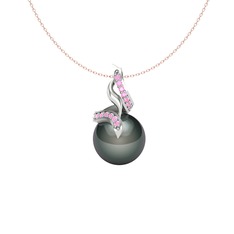 Siyah inci ve pembe kuvars 18 ayar beyaz altın kolye (40 cm rose altın rolo zincir)
