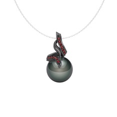 Kraliyet İnci Kolye - Siyah inci ve garnet 925 ayar siyah rodyum kaplama gümüş kolye (40 cm beyaz altın rolo zincir) #fgey74