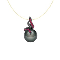 Siyah inci ve rodolit garnet 925 ayar siyah rodyum kaplama gümüş kolye (40 cm gümüş rolo zincir)