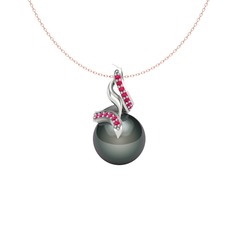 Siyah inci ve rodolit garnet 14 ayar beyaz altın kolye (40 cm rose altın rolo zincir)