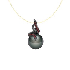 Kraliyet İnci Kolye - Siyah inci ve garnet 925 ayar siyah rodyum kaplama gümüş kolye (40 cm altın rolo zincir) #j0ipnn