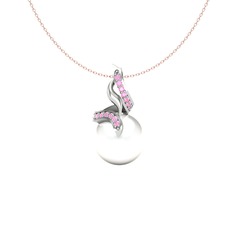 Inci ve pembe kuvars 14 ayar beyaz altın kolye (40 cm rose altın rolo zincir)