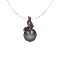 Kraliyet İnci Kolye - Siyah inci ve garnet 925 ayar siyah rodyum kaplama gümüş kolye (40 cm rose altın rolo zincir) #k9dmhp
