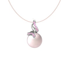 Kraliyet İnci Kolye - Pembe inci ve pembe kuvars 18 ayar beyaz altın kolye (40 cm gümüş rolo zincir) #l9740k