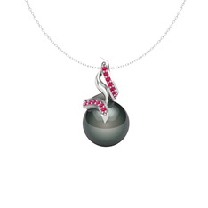 Kraliyet İnci Kolye - Siyah inci ve rodolit garnet 18 ayar beyaz altın kolye (40 cm beyaz altın rolo zincir) #lv99wy