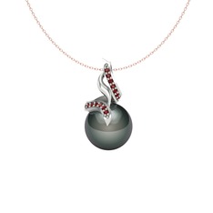 Siyah inci ve garnet 18 ayar beyaz altın kolye (40 cm rose altın rolo zincir)