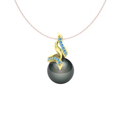 Kraliyet İnci Kolye - Siyah inci ve akuamarin 14 ayar altın kolye (40 cm rose altın rolo zincir) #ti6oaz