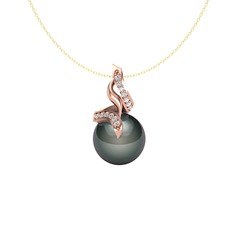 Siyah inci ve swarovski 925 ayar rose altın kaplama gümüş kolye (40 cm altın rolo zincir)
