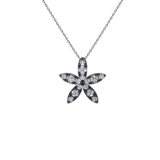 Yasemin Çiçeği Kolye - Beyaz zirkon 925 ayar siyah rodyum kaplama gümüş kolye (40 cm gümüş rolo zincir) #14s744a