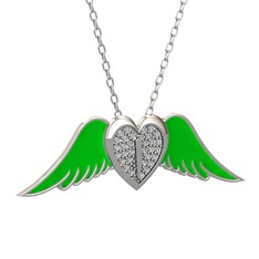 Kalpli Melek Kolye - Beyaz zirkon 8 ayar beyaz altın kolye (Yeşil mineli, 40 cm gümüş rolo zincir) #107d2rc