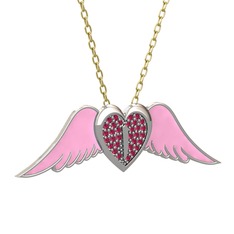 Kalpli Melek Kolye - Rodolit garnet 18 ayar beyaz altın kolye (Pembe mineli, 40 cm altın rolo zincir) #118ehv0