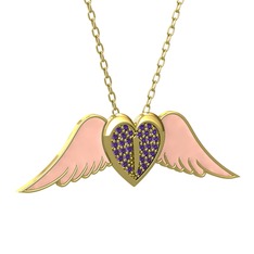 Kalpli Melek Kolye - Ametist 14 ayar altın kolye (Pastel pembe mineli, 40 cm gümüş rolo zincir) #119empf