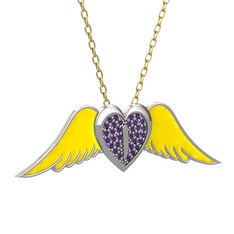 Kalpli Melek Kolye - Ametist 18 ayar beyaz altın kolye (Sarı mineli, 40 cm gümüş rolo zincir) #12sl3f7