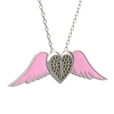 Kalpli Melek Kolye - Peridot 18 ayar beyaz altın kolye (Pembe mineli, 40 cm beyaz altın rolo zincir) #1989wv2